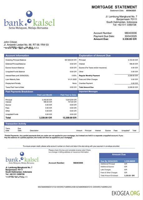 Modèle Word et PDF de relevé hypothécaire de la Banque Kalsel d'Indonésie